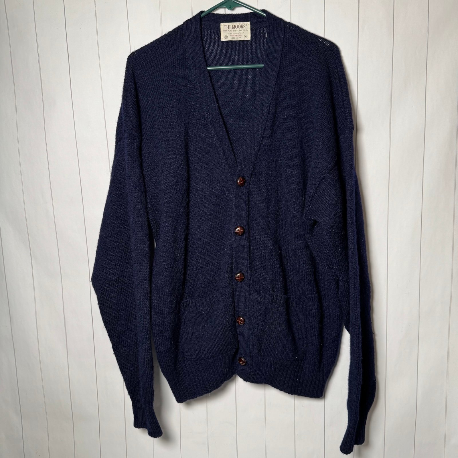 VTG The Moors 100% Pure Shetland Wool Lord Jeff Cardigan Sweater Navy Blue XL