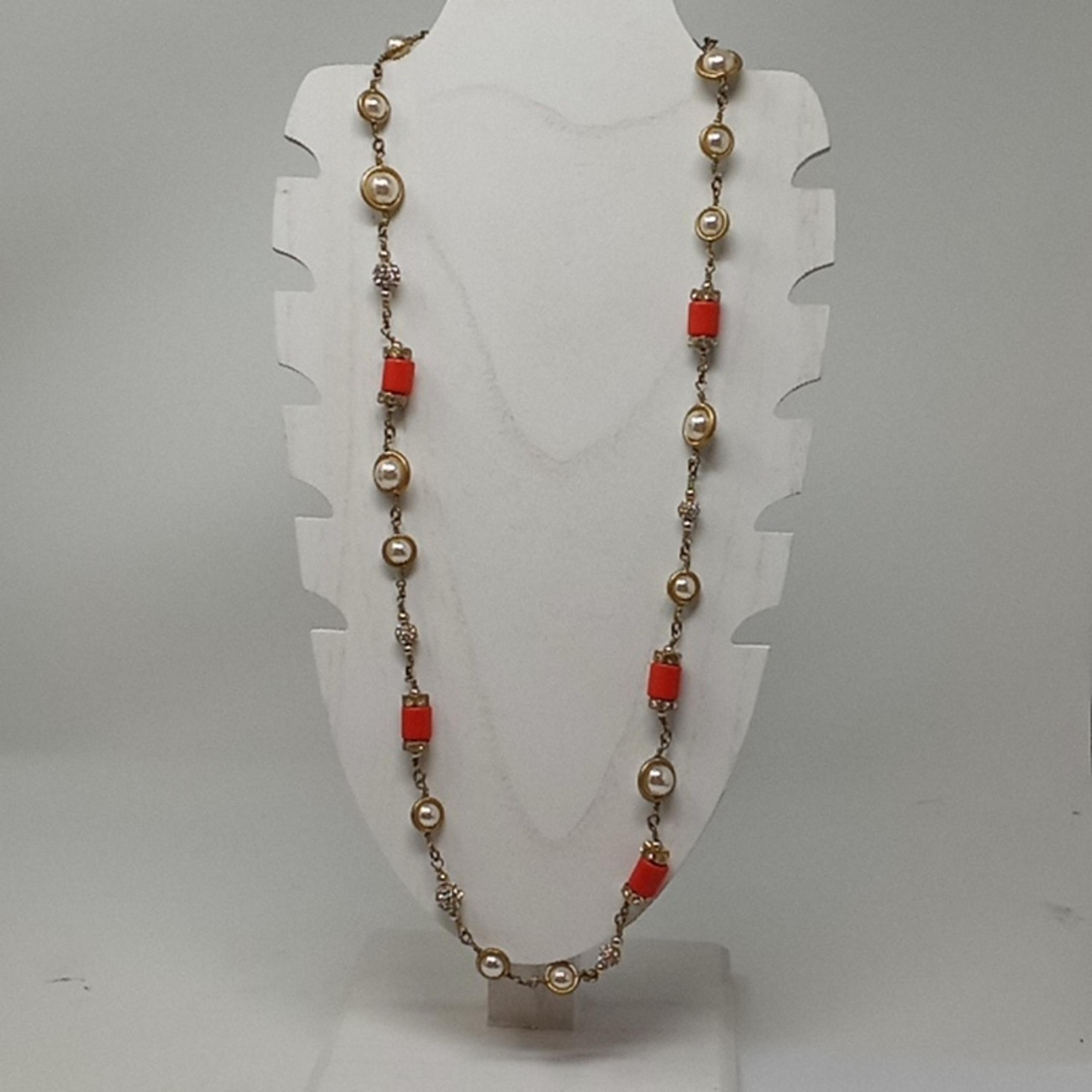 J Crew Women's Gold Tone Necklace with Pearl & Orange Beads