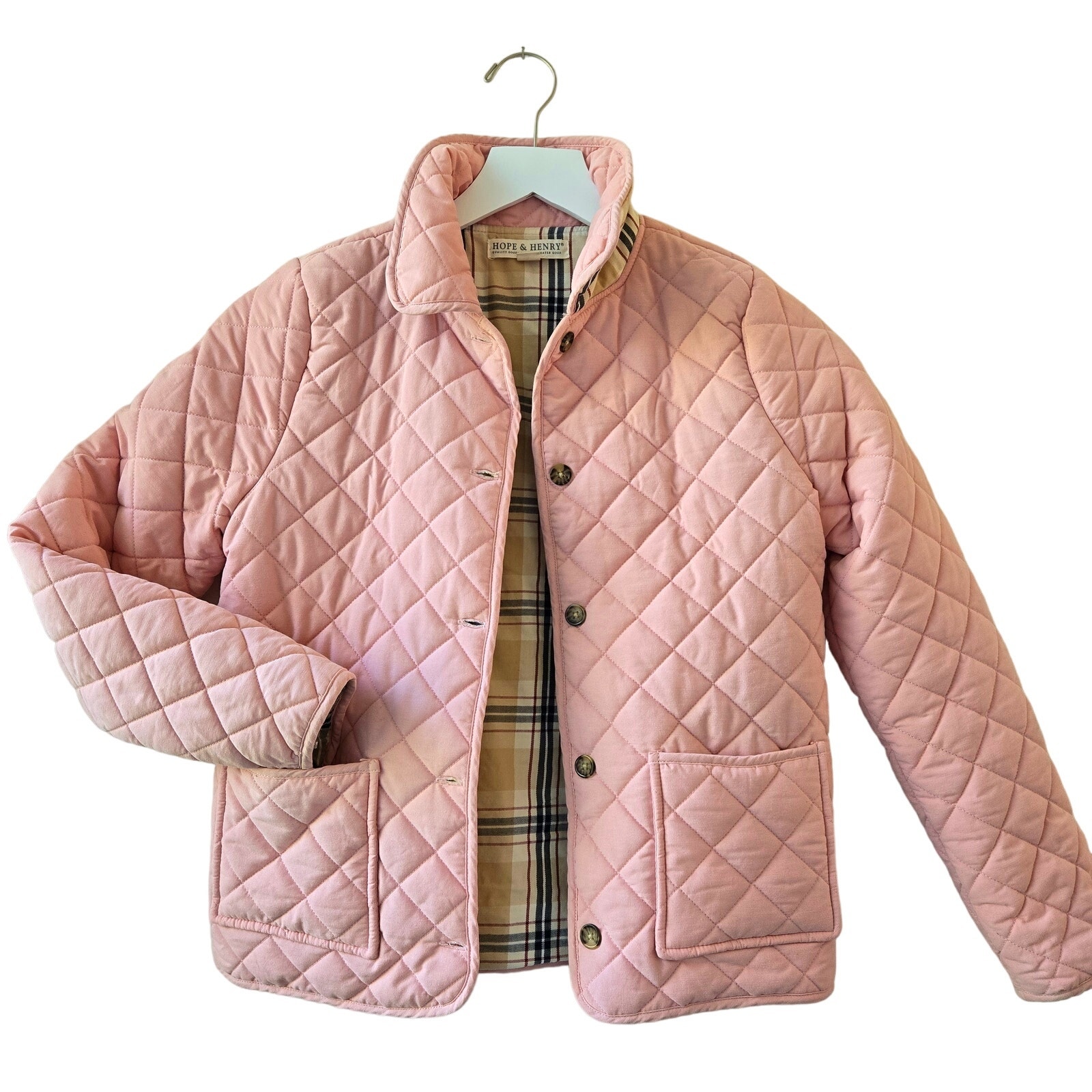 Hope & Henry Girl Quilted Barn Jacket Pink & Plaid Size Large EUC Preppy Classic