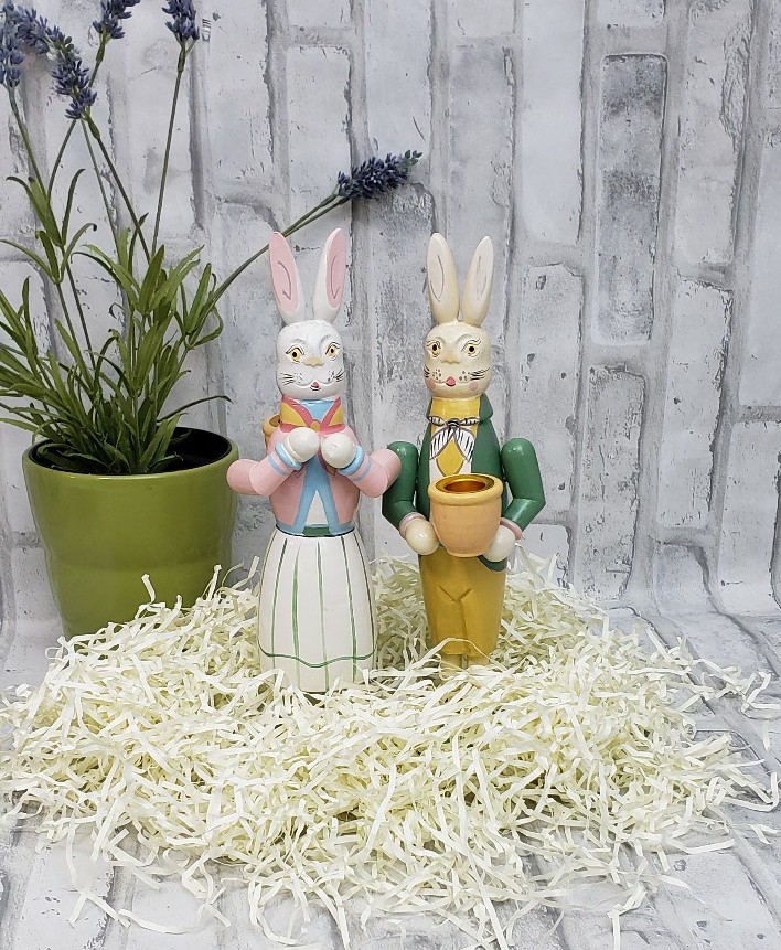 Vintage Painted Wood Rabbit Figurines with Candle or Egg Holders Easter Décor