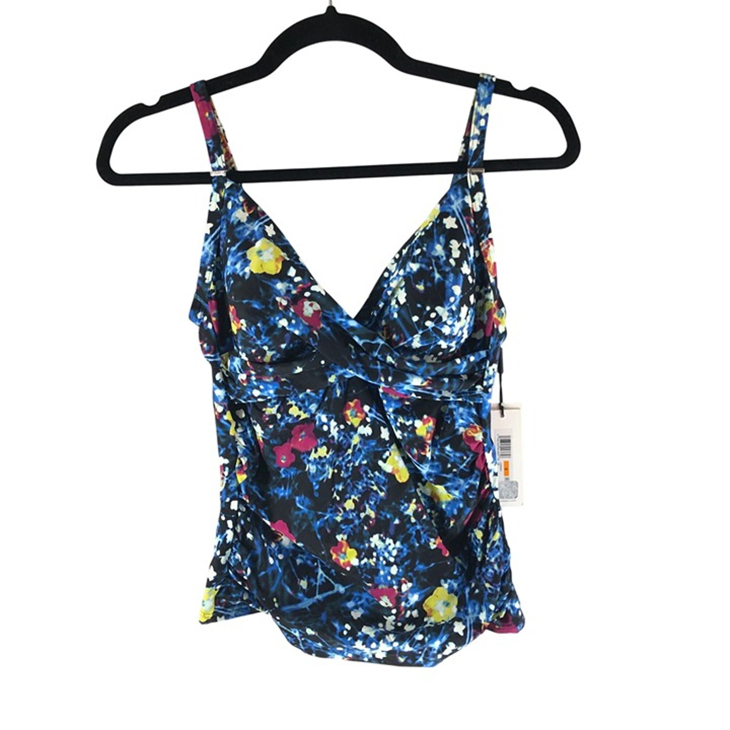 Calvin Klein Tankini Top Molded Cups Twist Front Floral Black Blue S