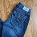Y2K 2000s Bedazzled White Embroidered True Religion Blue Acid Wash Denim Jeans