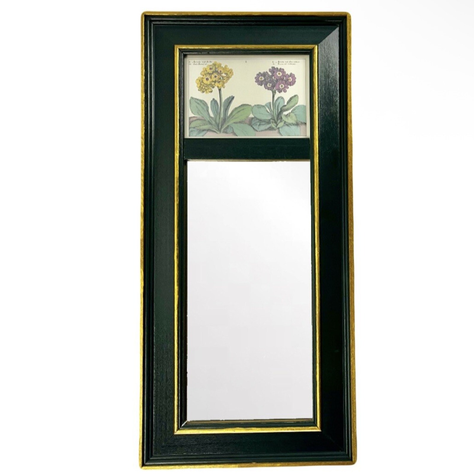 VTG Trumeau Mirror Green & Gold Gilt Wood Frame Botanical Floral Print 10x21”