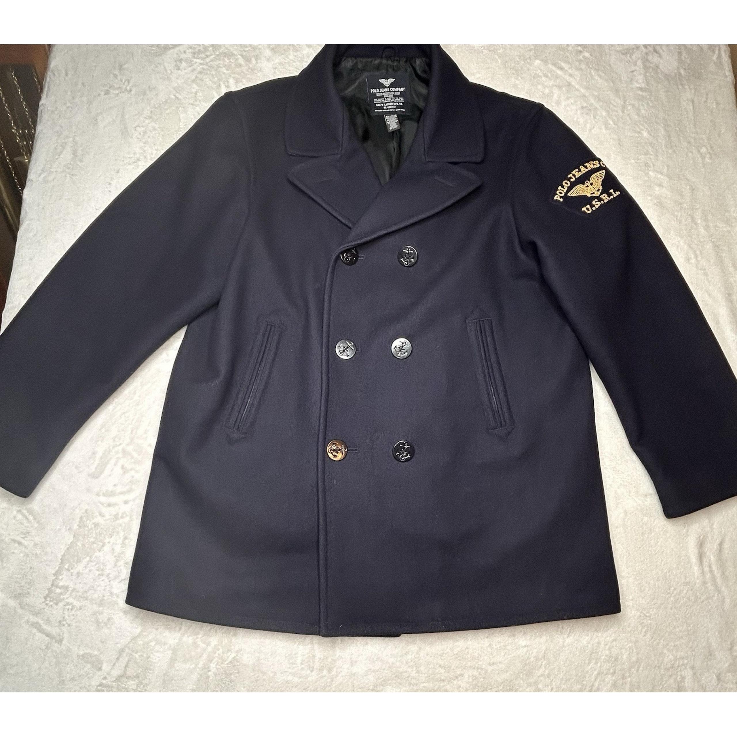 Vintage Polo Ralph Lauren USRL Navy Wool Double Breasted Pea Coat Men's Size XXL