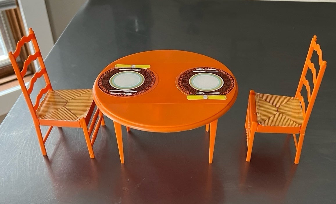 Vintage Barbie doll house’s Lively Livin’ orange kitchen table and 2 chairs