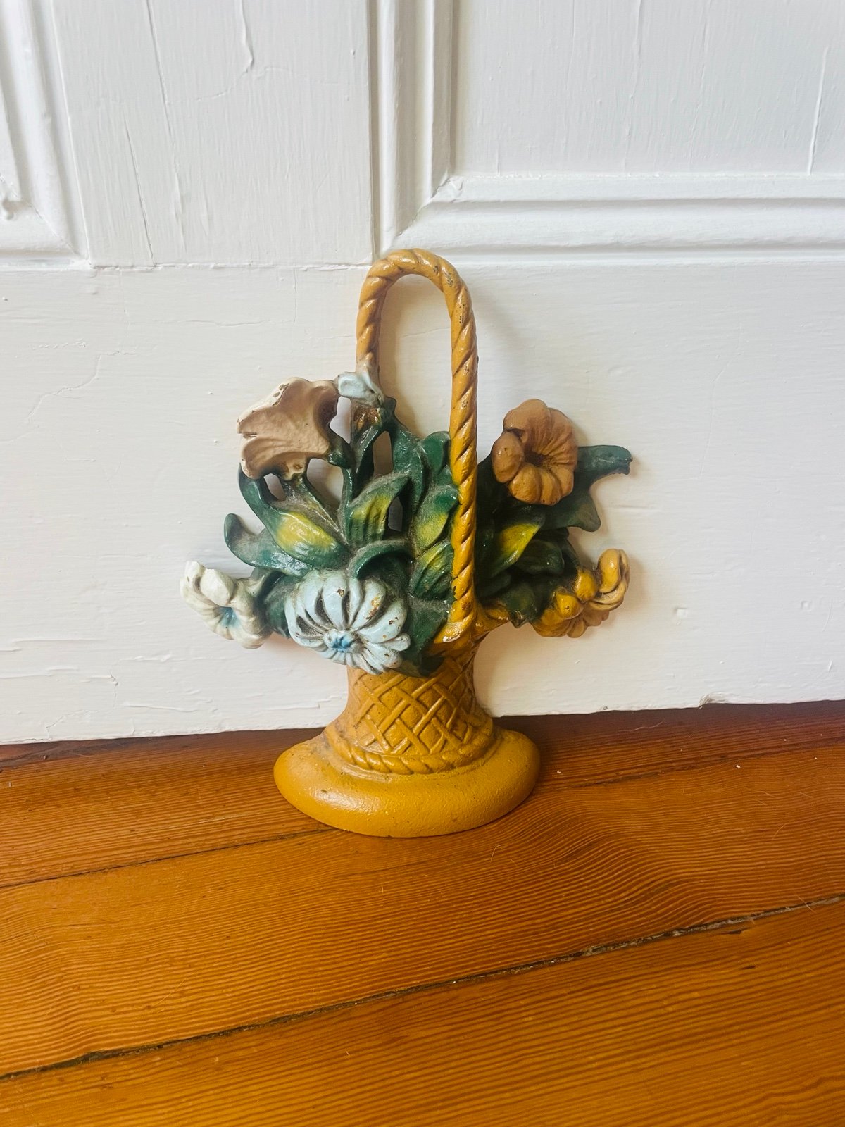Vintage Cast Iron Flower Basket Doorstop with Original Paint