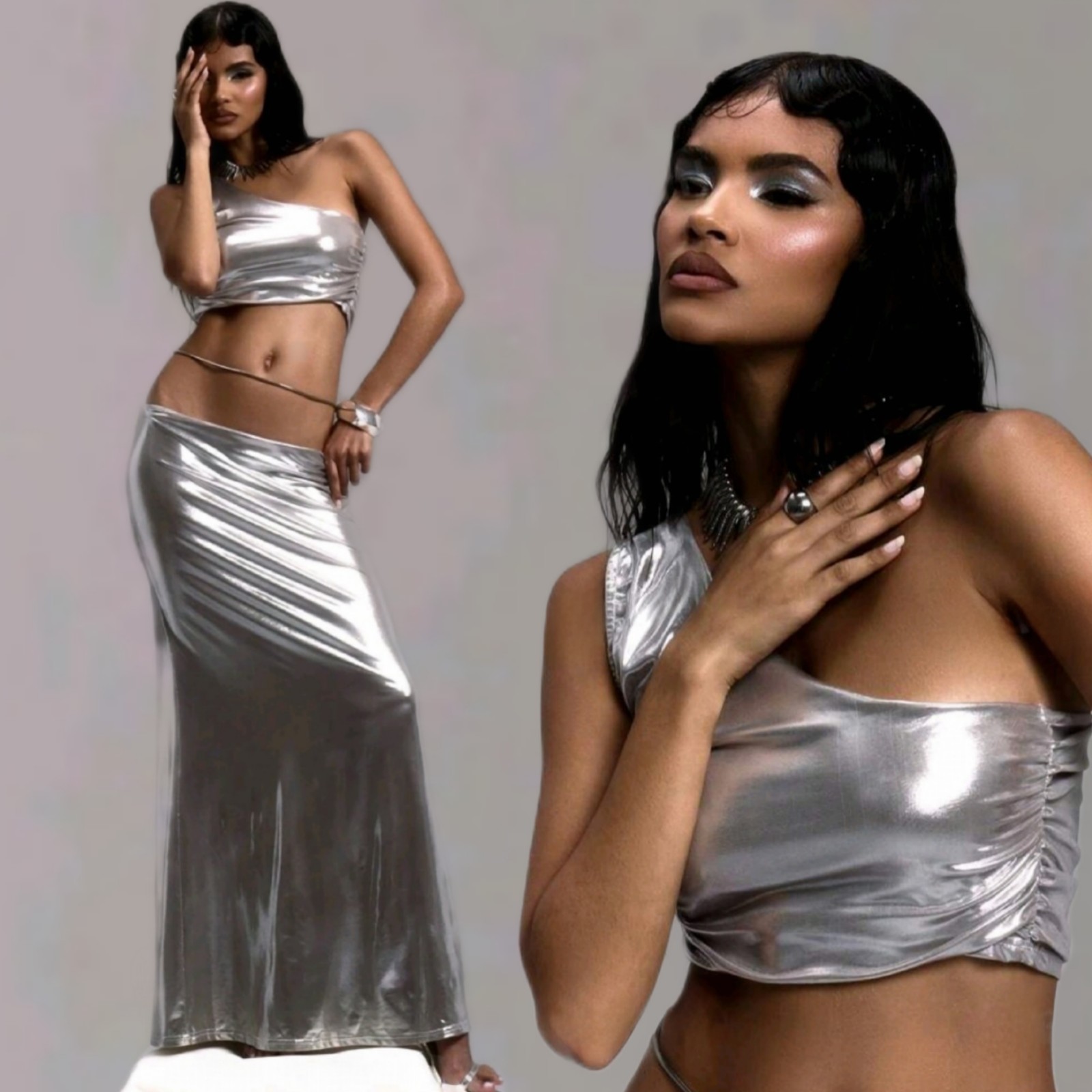 NWT Silver Metallic Ruched One Shoulder Crop Top & Maxi Skirt Set