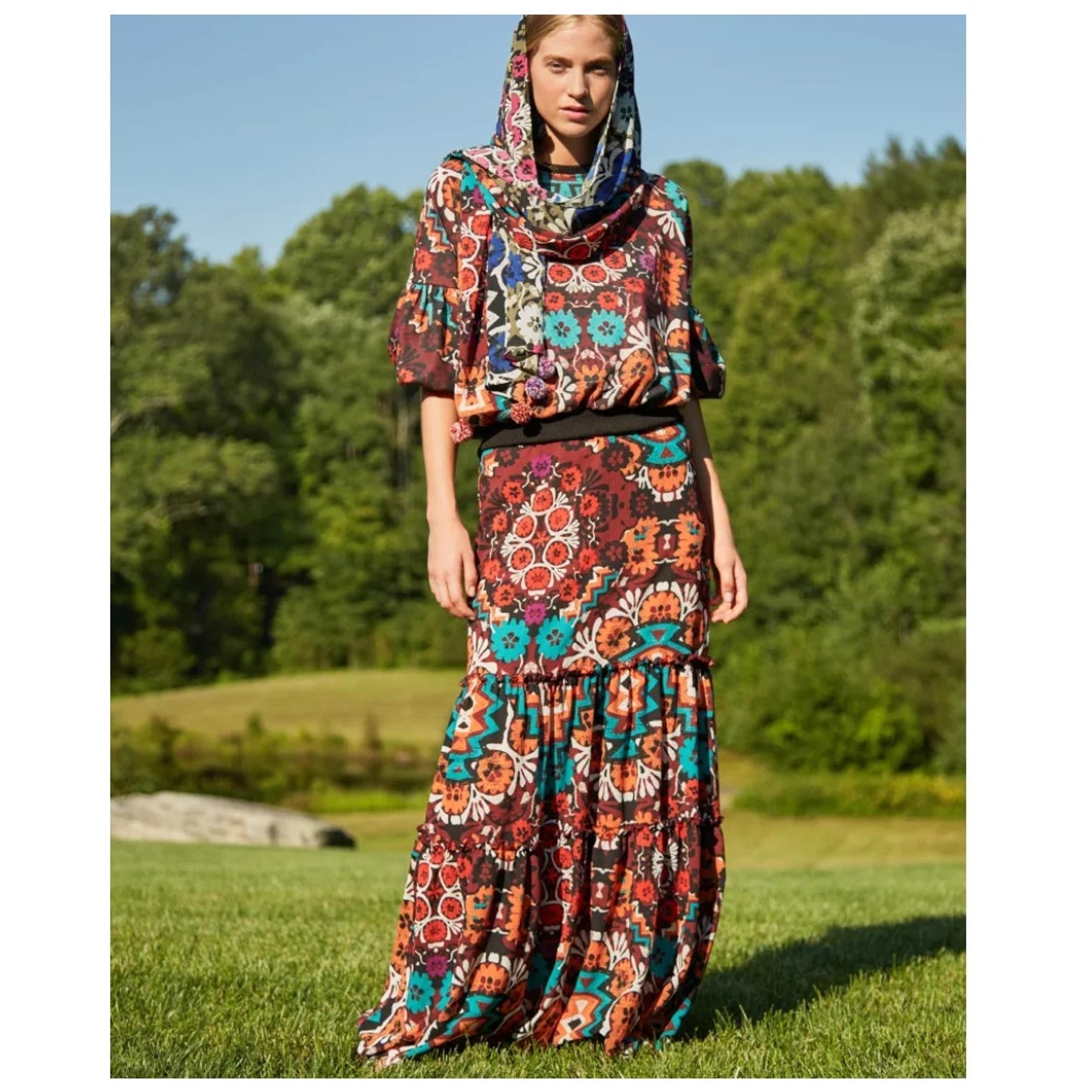 Josie by Josie Natori RTW Spring 2019 Boho Skirt Brown Teal Multi Maxi Size S