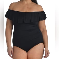 LA BLANCA 130 Island Goddess Off Shoulder Ruffle One Piece - Black 22W