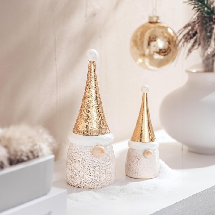 Christmas Gnome Decorations, Set of 2 Handmade Resin Santa Figurines, White Fini