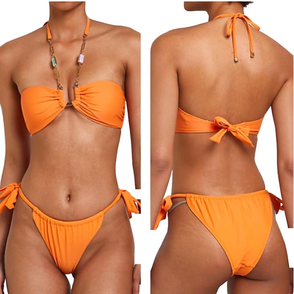 NEW River Island Bikini Orange Jewel Bandeau Top High Cut Tie Bottoms Size 6