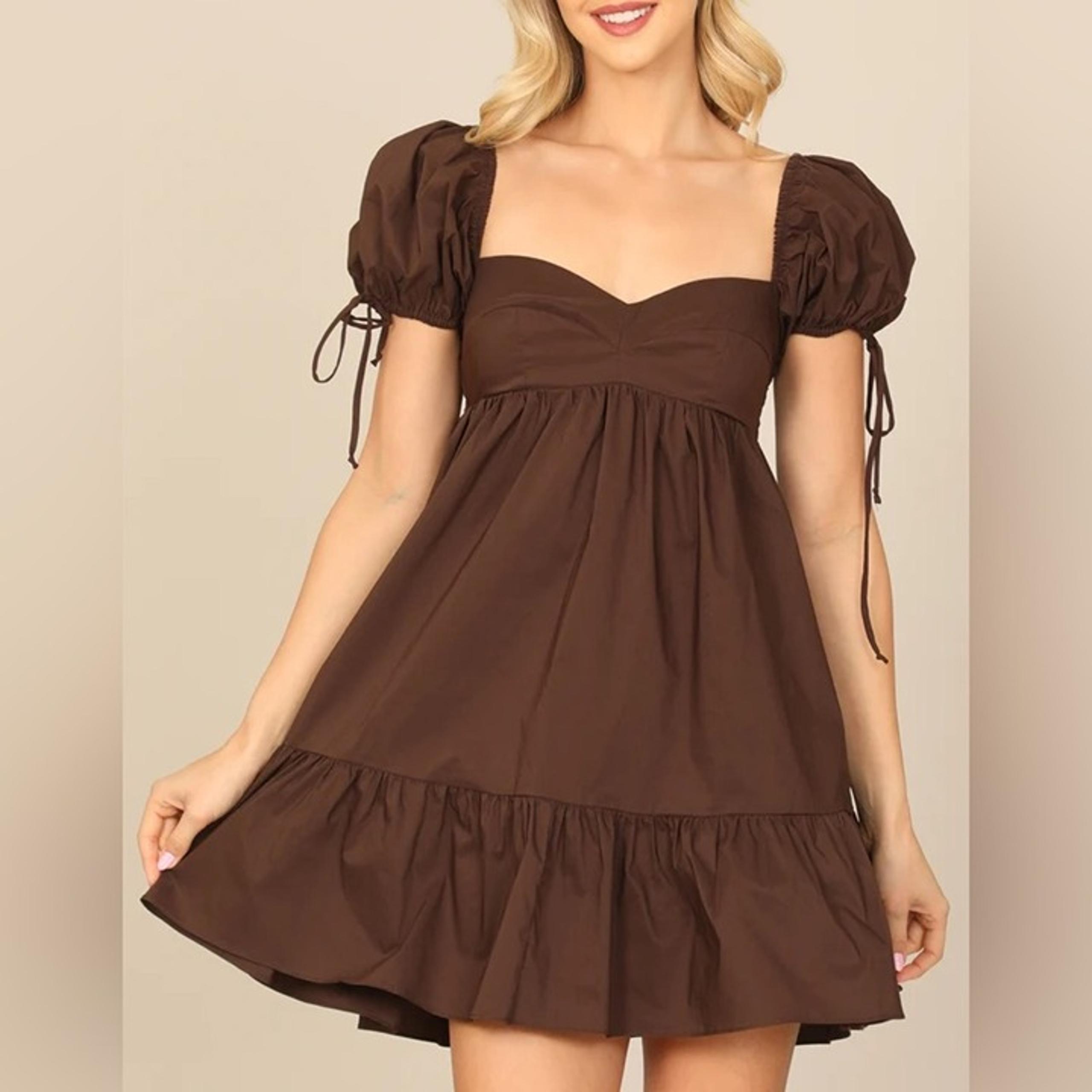 Olivaceous Lola Babydoll Puff Sleeve Mini Dress Brown Sweetheart Sz Medium