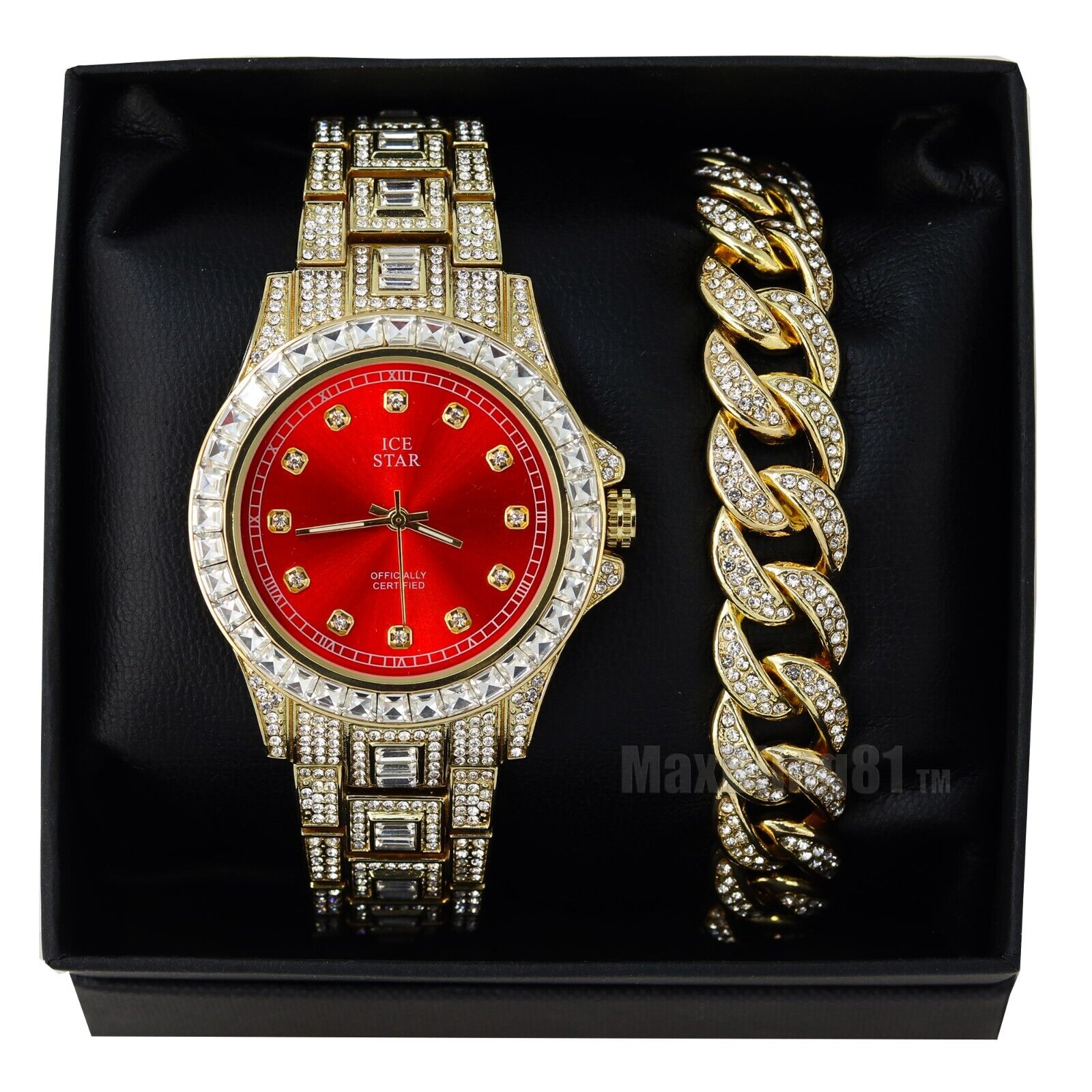 HIP HOP SIMULATED DIAMOND LUXURY RAPPER STYLE WATCH & ICED CUBAN BRACELET SET
