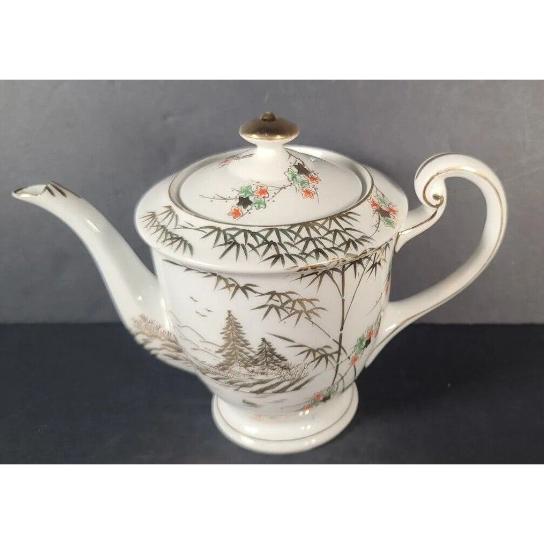 VTG Japanese Porcelain Teapot Bamboo Village Floral Hand Painted Platinum Trim