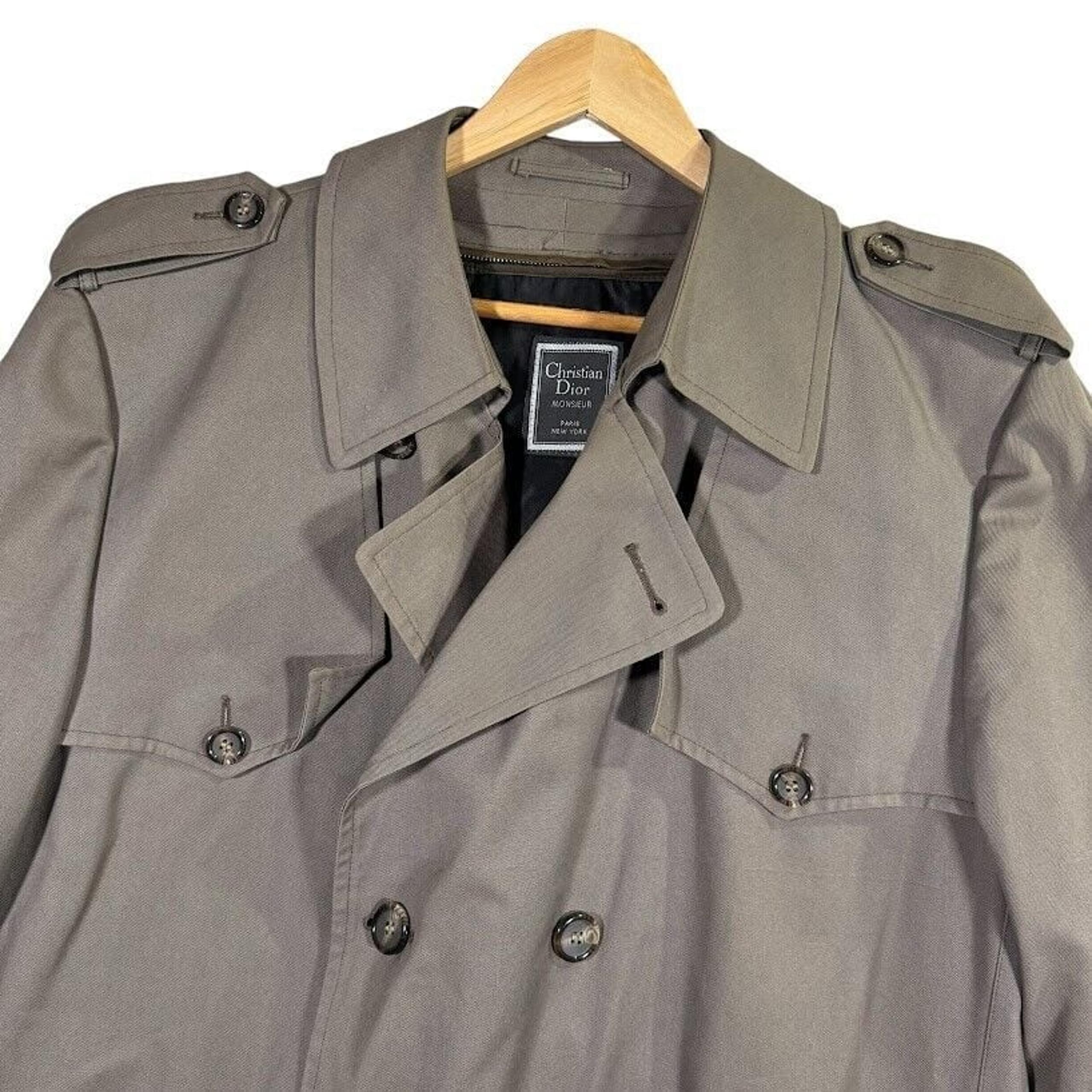 VTG CHRISTIAN DIOR Monsieur Mens 46L Trench Coat Lined Belted Beige Khaki City