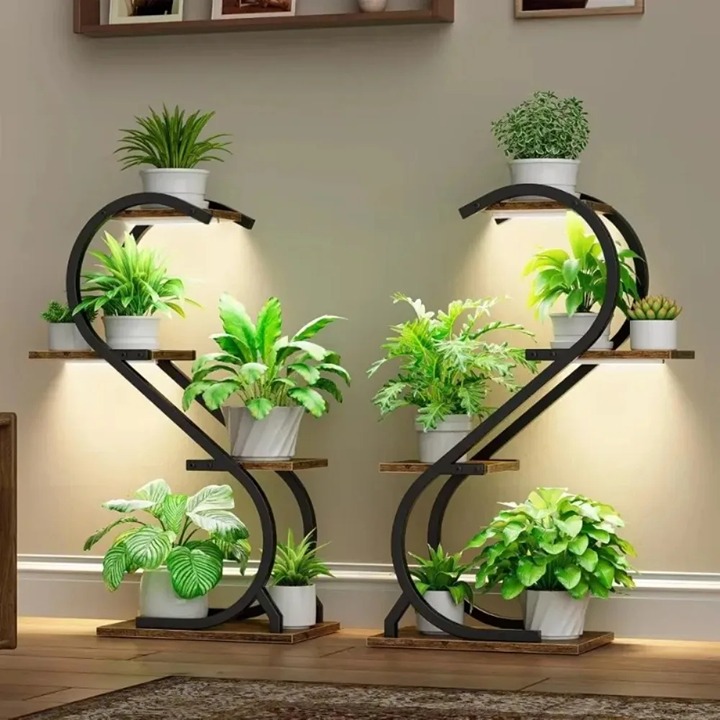 4 Tier S-Shape Plant Display Shelves with LED Light, Wooden Plant Stand Set of 2