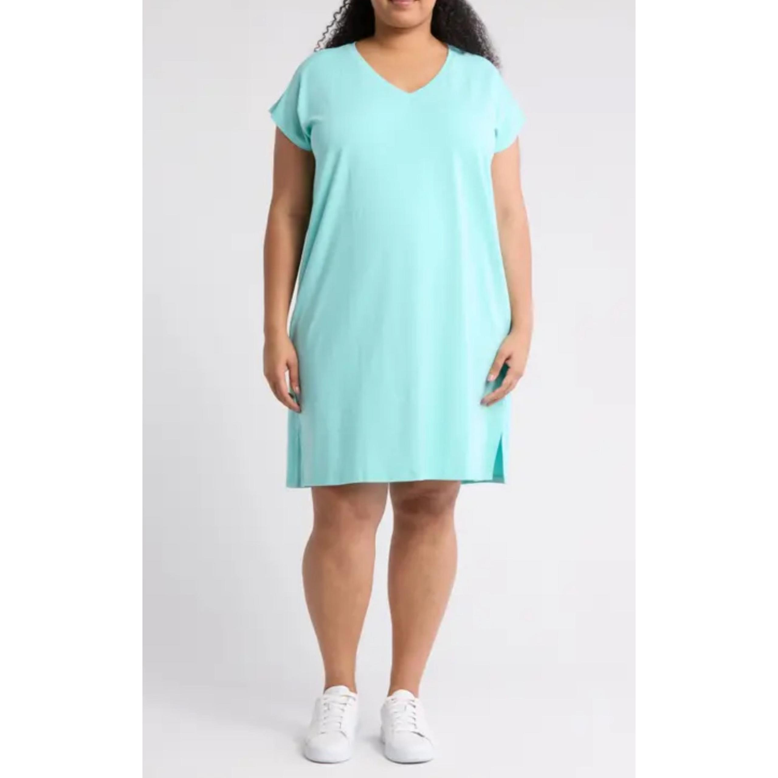 Eileen Fisher Organic Cotton Teal V Neck Tee Shirt Dress Large