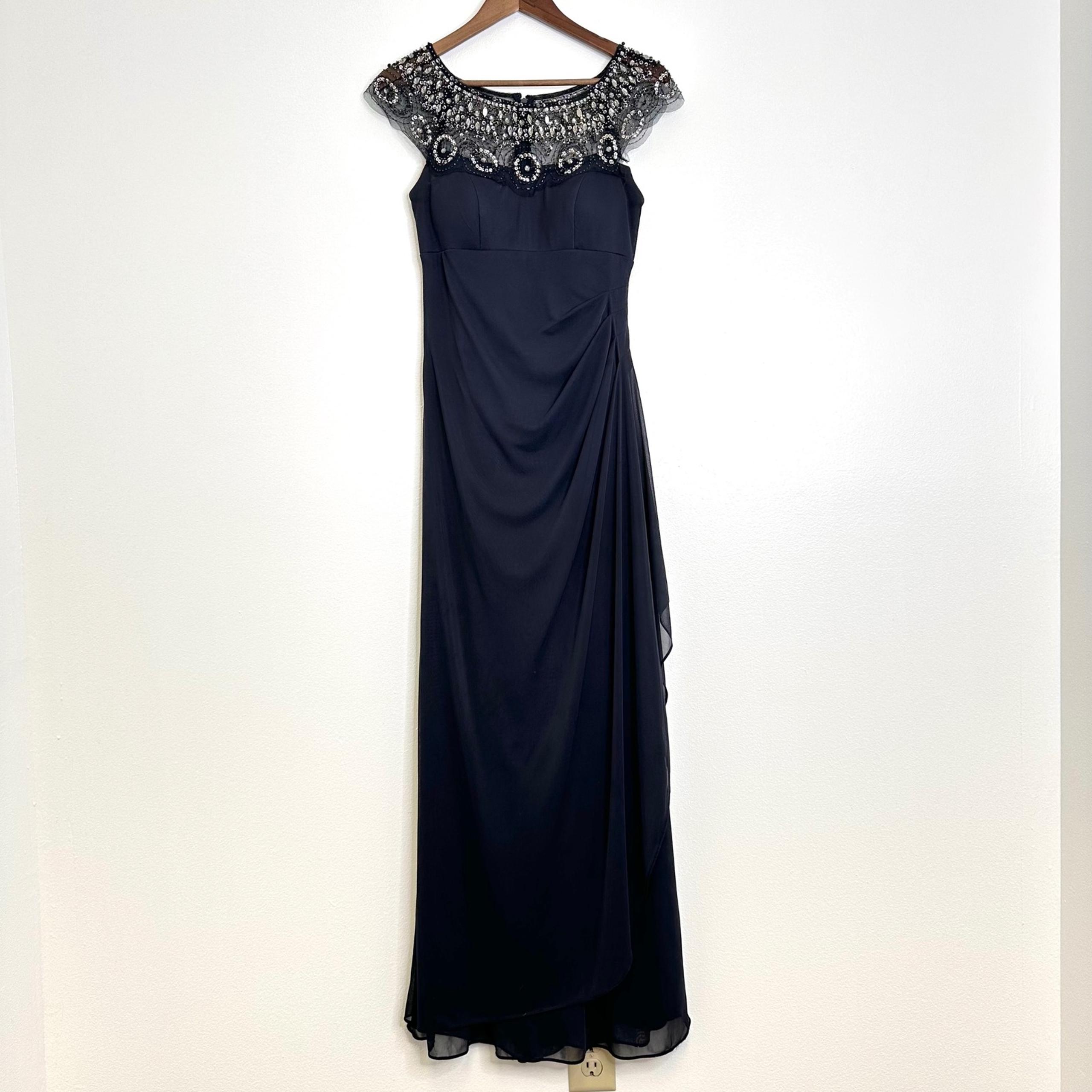 Xscape Beaded Yoke Illusion Neck Ruched Cascade Ruffle Side Gown Black Size 4