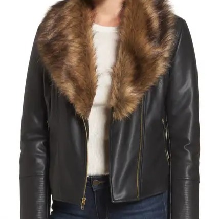 Cole Haan Black Faux Leather Moto Jacket with Removable Faux Fur Collar