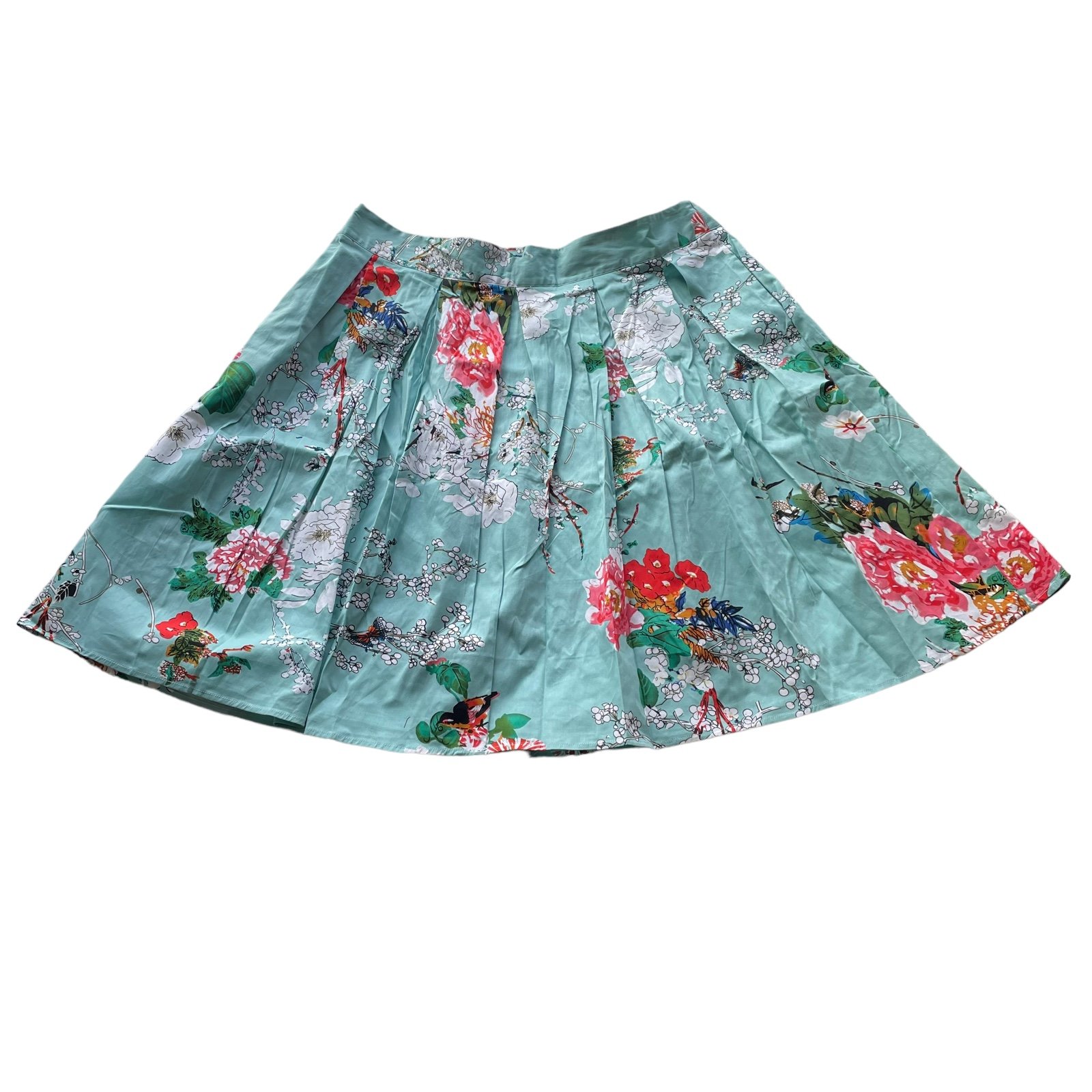 Dresstore Pleated Midi A-Line Skirt Pockets Floral Blue 3XL Floral 1950’s