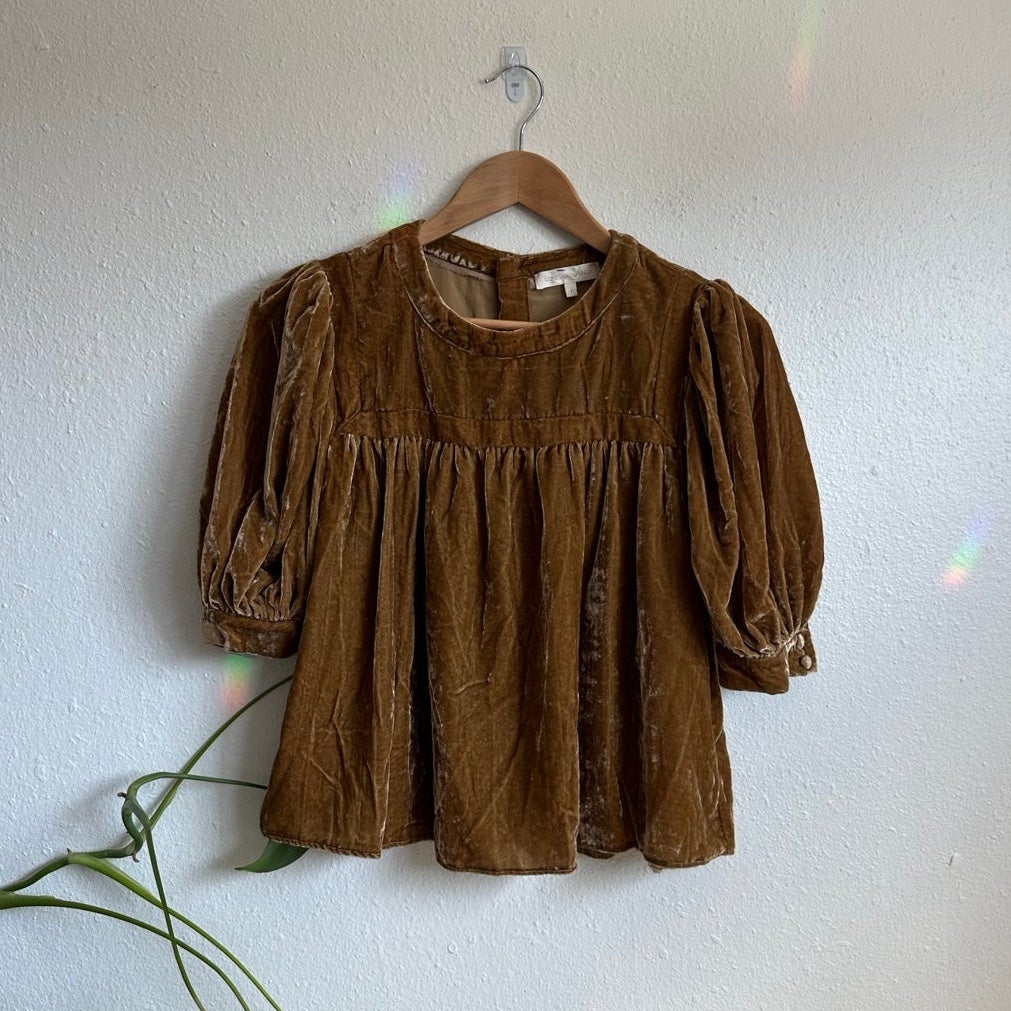 LoveShackFancy Gold Velvet Puff Sleeve Babydoll Blouse