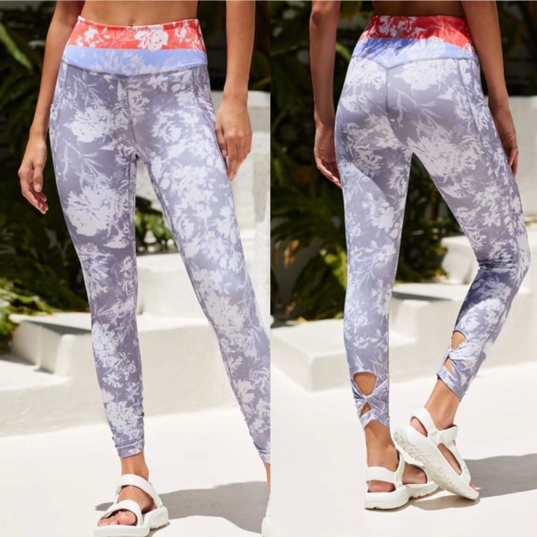 Free People Movement Leggings Gray Floral Wave Rider High Rise Size Small
