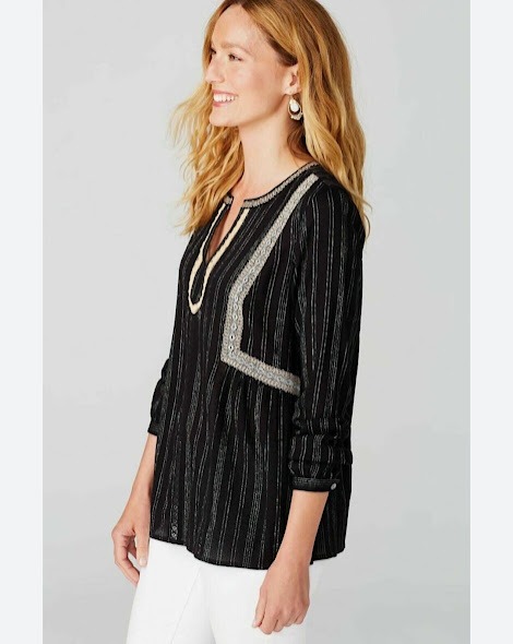 J. Jill XL NWT Black Tunic Embroidered Lace Popover Boho Peasant V-Neck Blouse