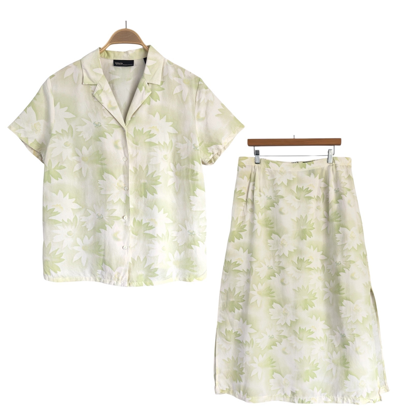 Valerie Stevens Skirt Top Set sz 14-16W Silk Linen Floral Pastel Cream Green EUC