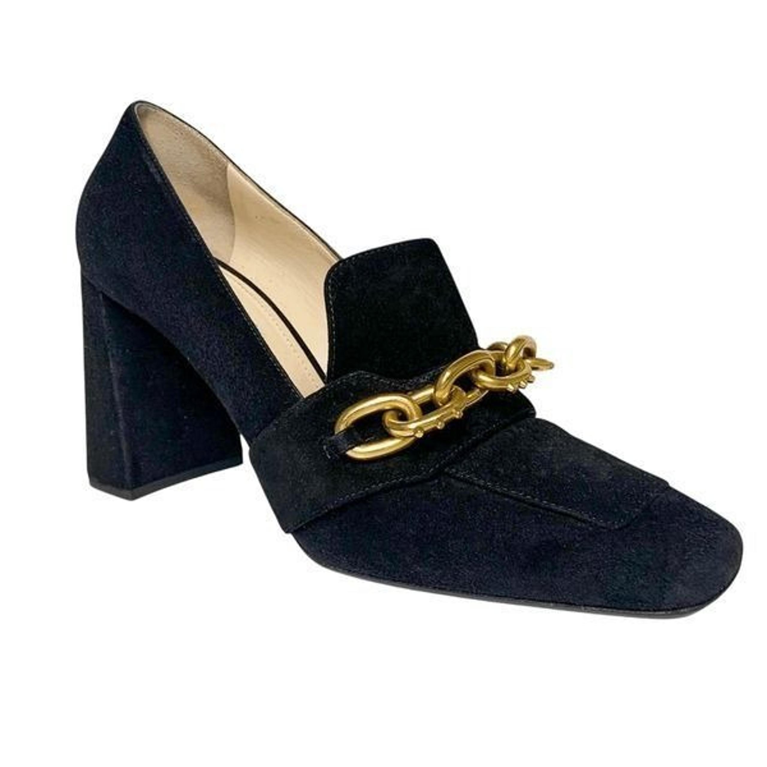 Prada Chain-Link Black Suede Loafer Chunky High Heeled Pump EU 39 Square Toe