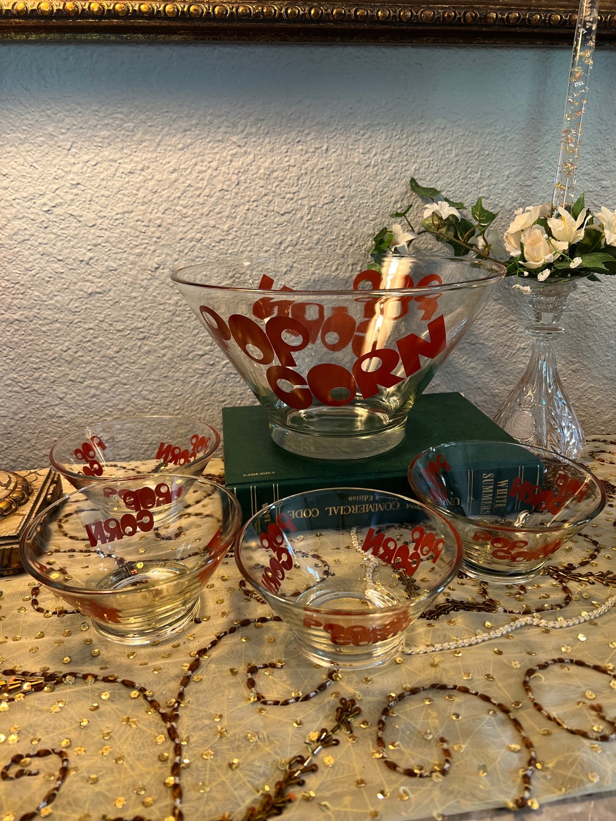 Vintage Popcorn Bowl 5pc Set 70s Weathon Glass Typography Retro Salad Bowl Red