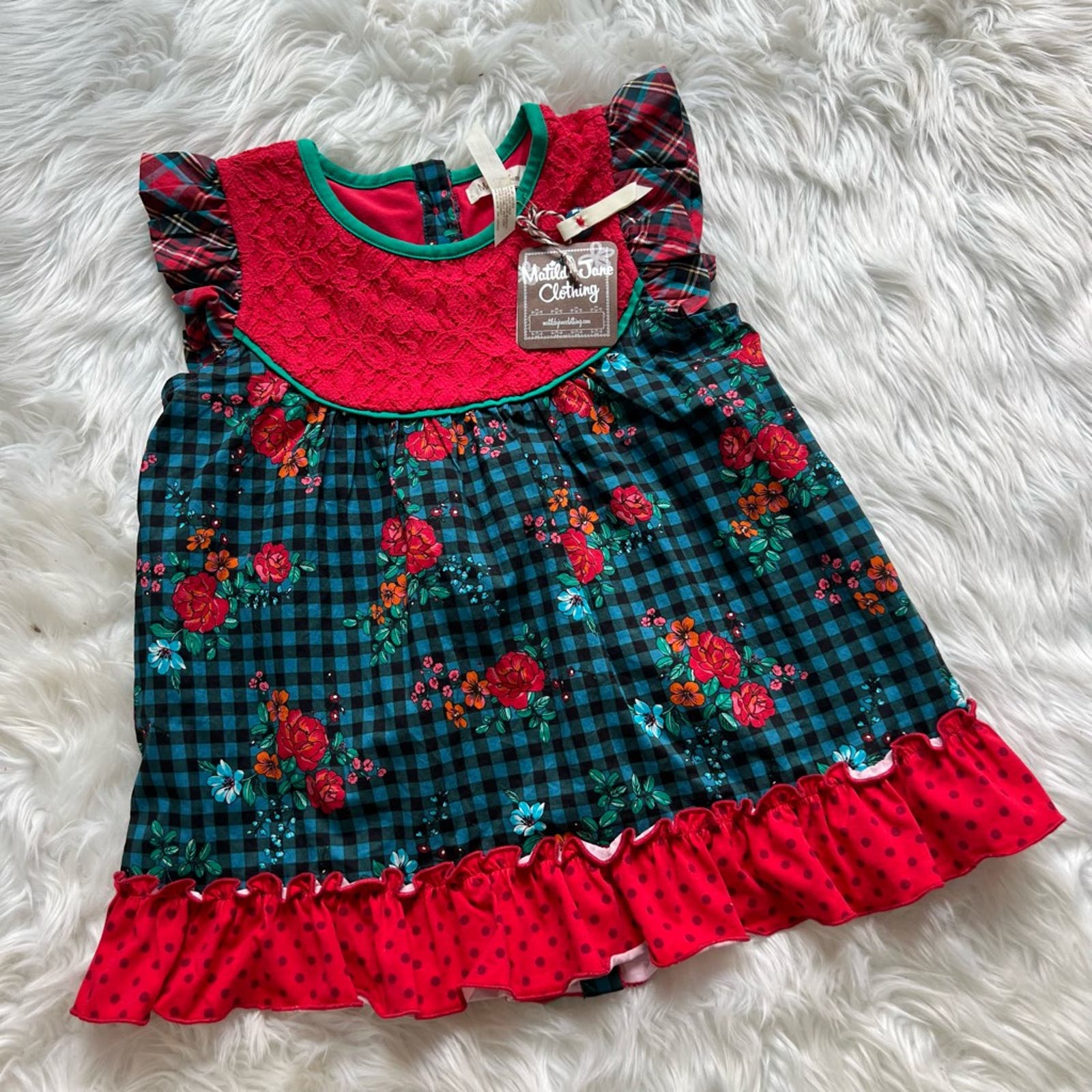Matilda Jane Girls Boughs Of Holly Tunic Red Blue Floral Lace Ruffle 6 New
