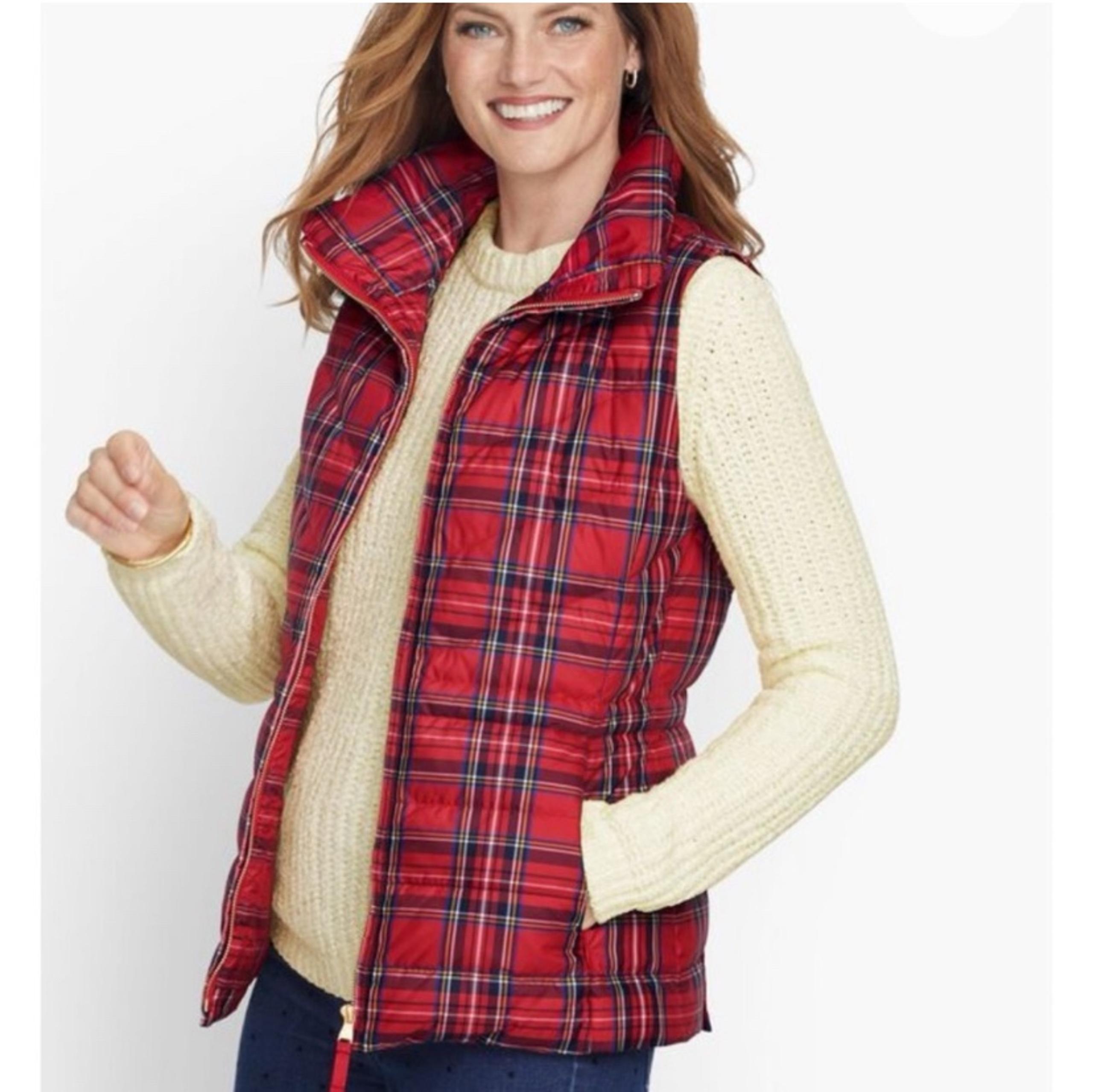 Quilted Talbots Women’s Red Multi Tartan Plaid Down Puffer Vest NWT Size Large