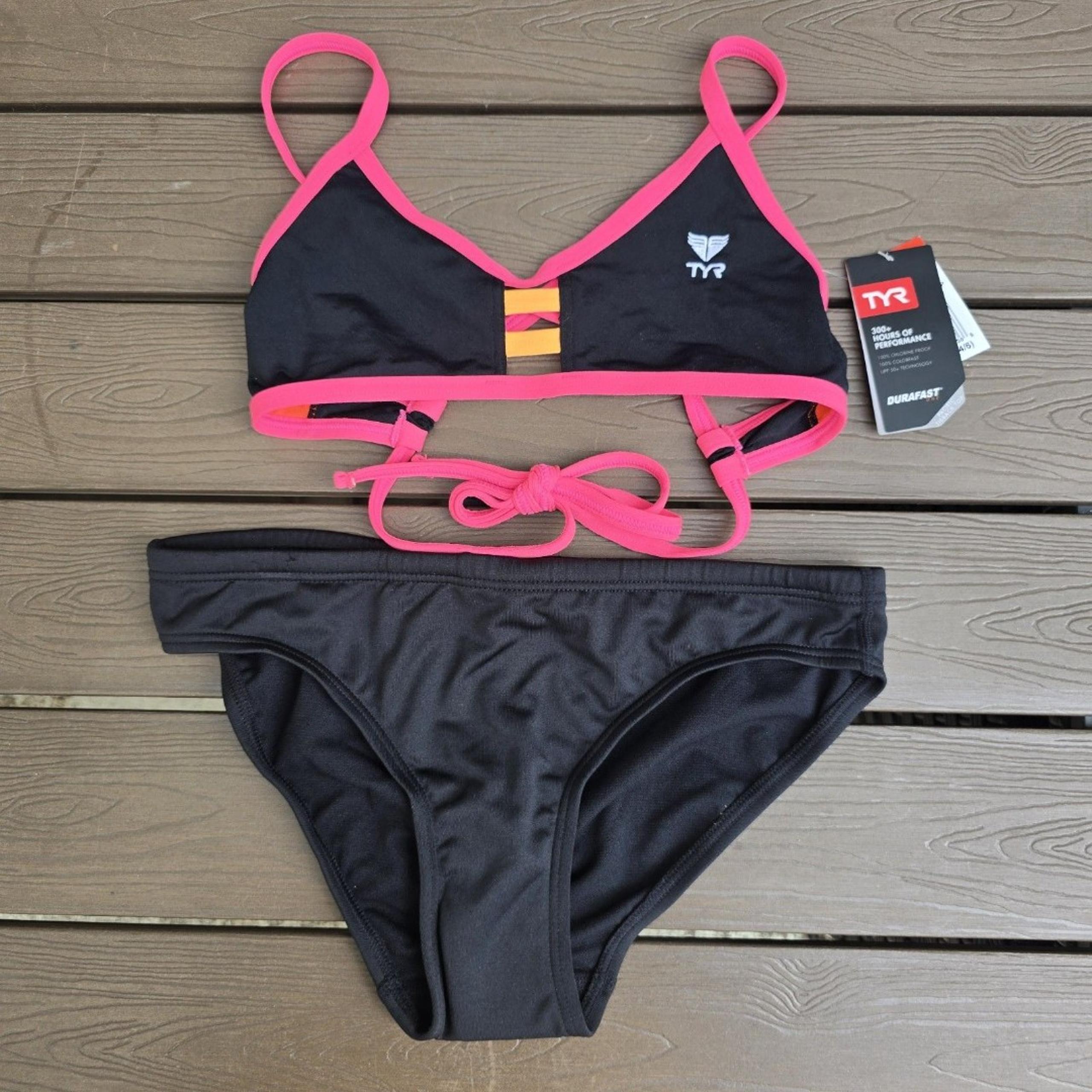 TYR Womens Durafast Black/pink/orange Tieback Workout Bikini Sz S NEW