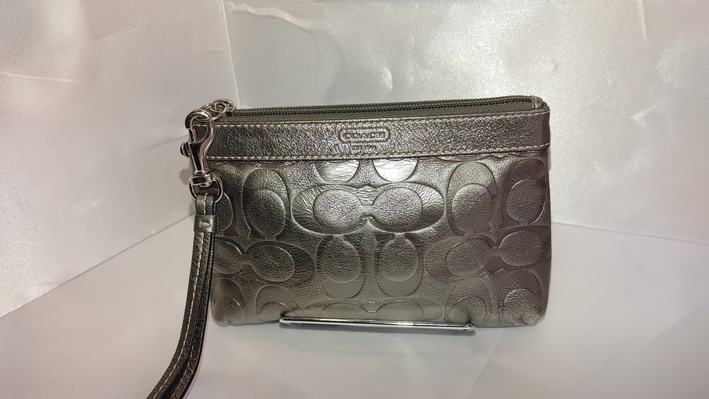 Coach Signature Embossed Metallic Gunmetal Wristlet