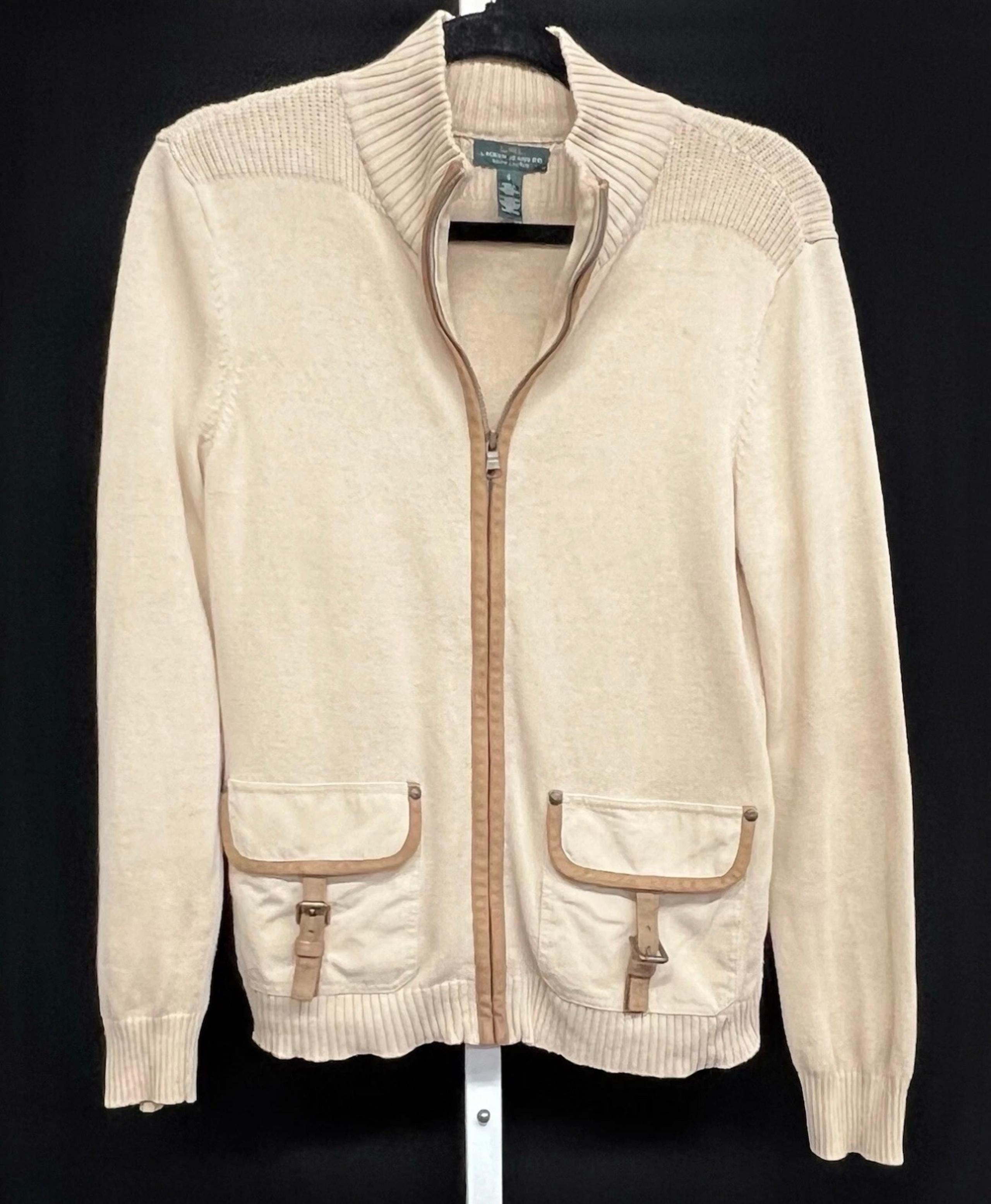 Vtg LRL Ralph Lauren Sz Small Full Zip Sweater Tan Cardigan Canvas Pockets Suede