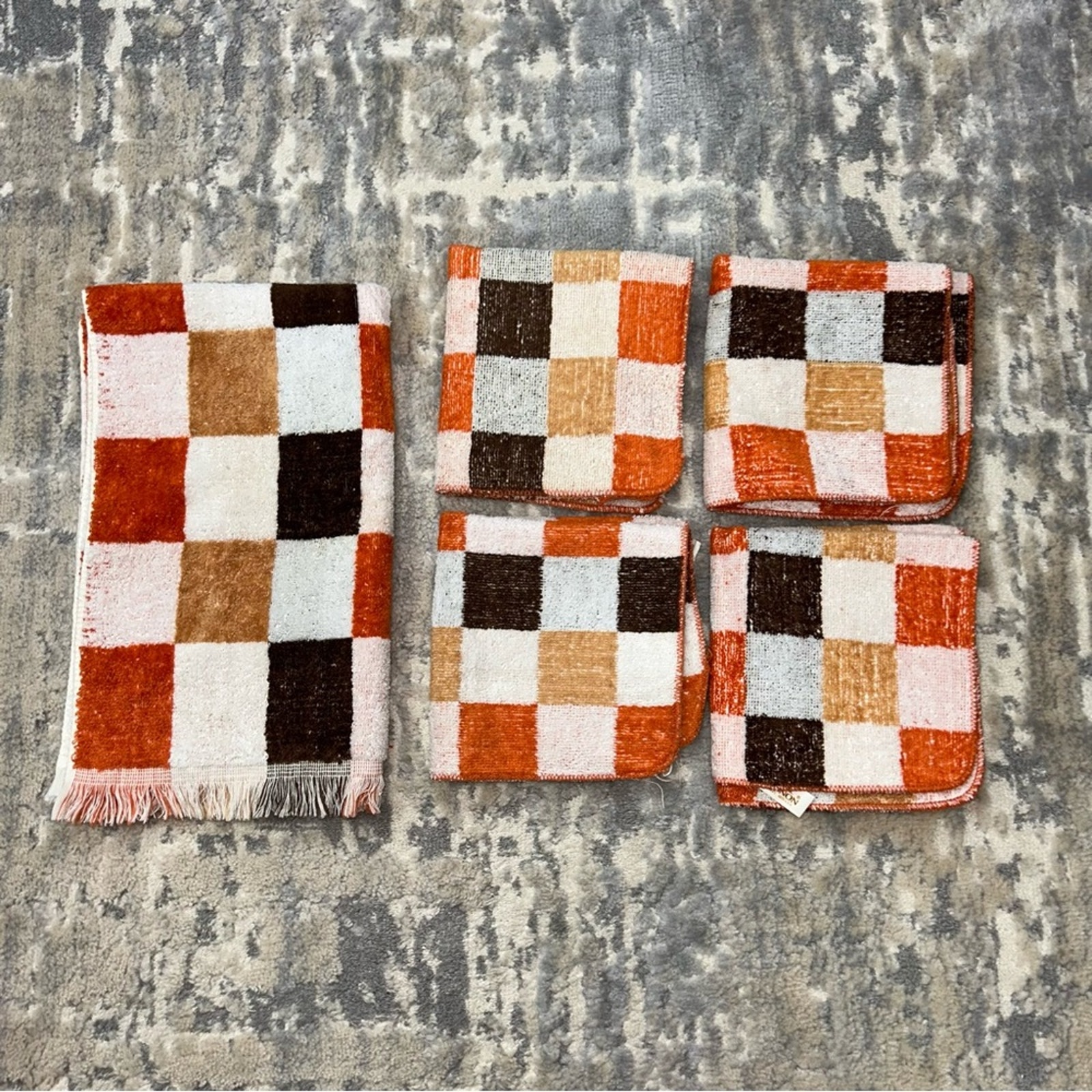 70s Vintage Cannon Checkered Brown Orange White 1 Hand Towel 4 Washcloths Set