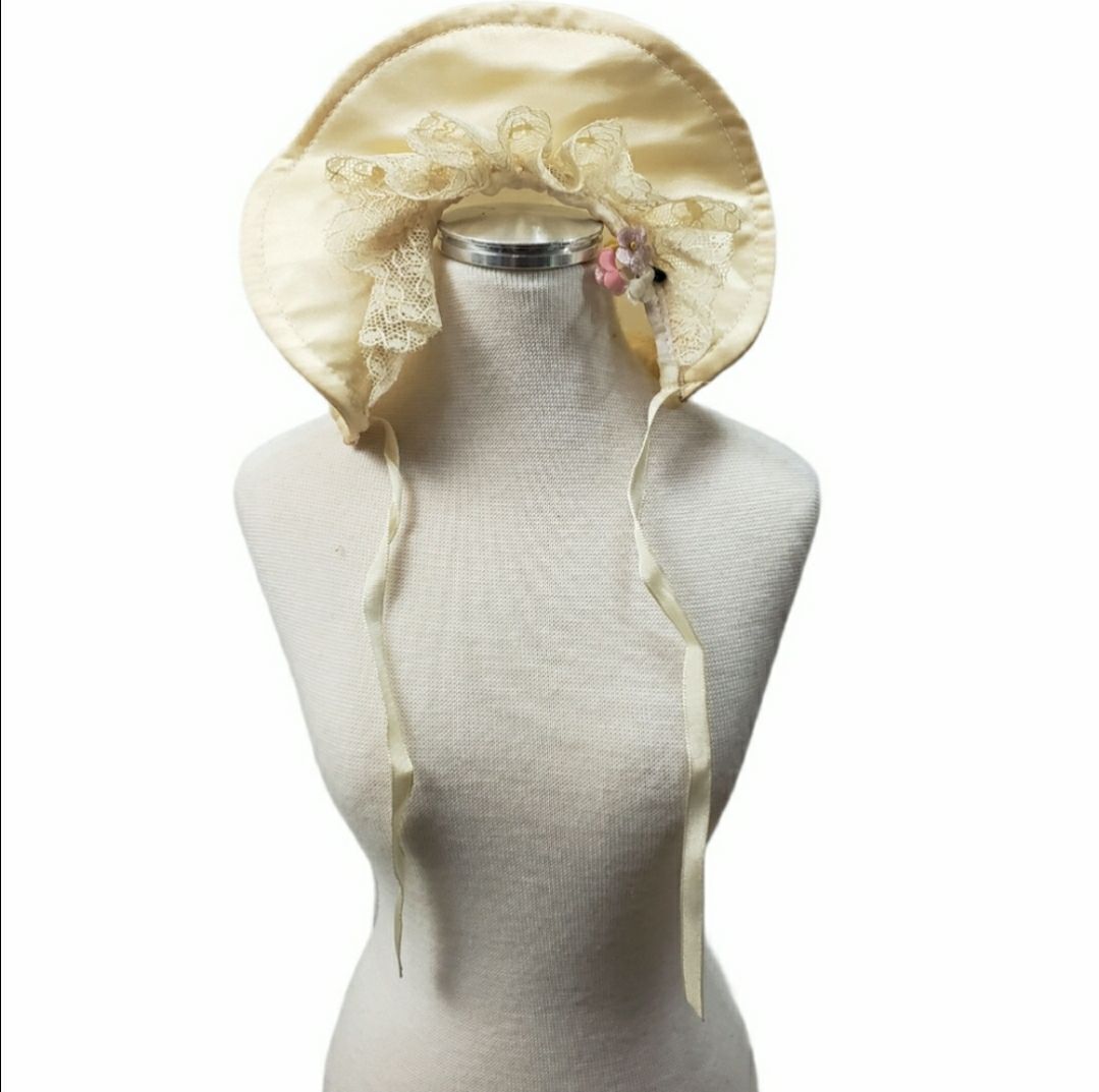 Vintage Satin Doll Bonnet Lace Trim & Fl