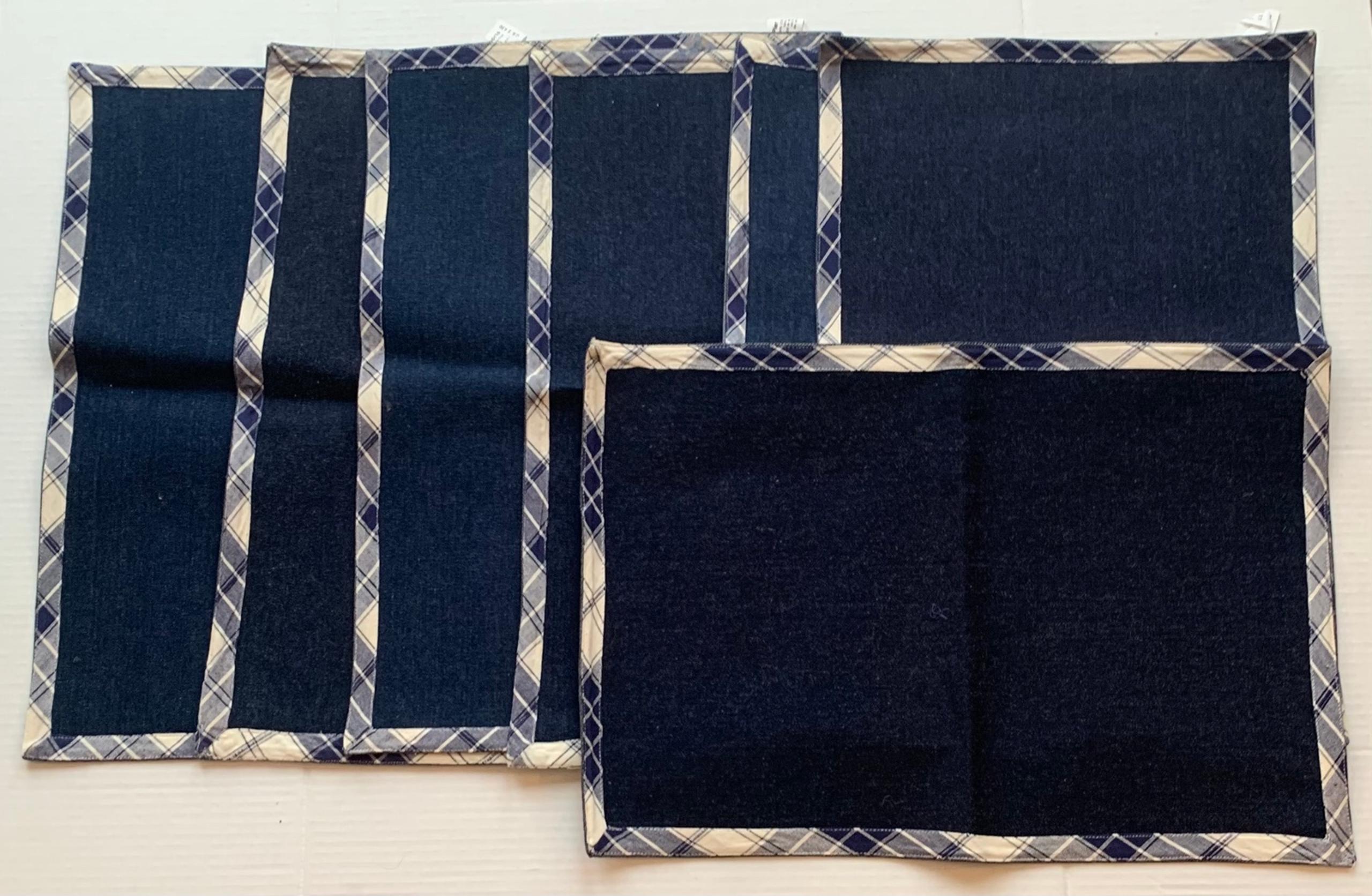 Pier 1 Checkered Trim Denim Blue & Light Tan Farmhouse Modern Placemats Set Of 7