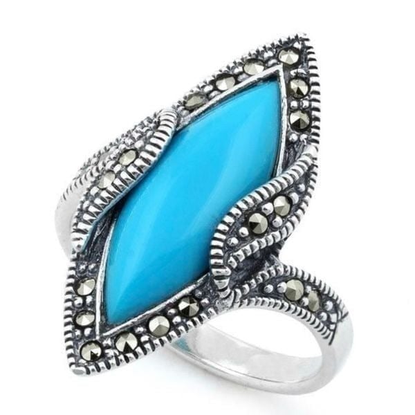Sterling Silver Turquoise Marquise Marcasite Ring