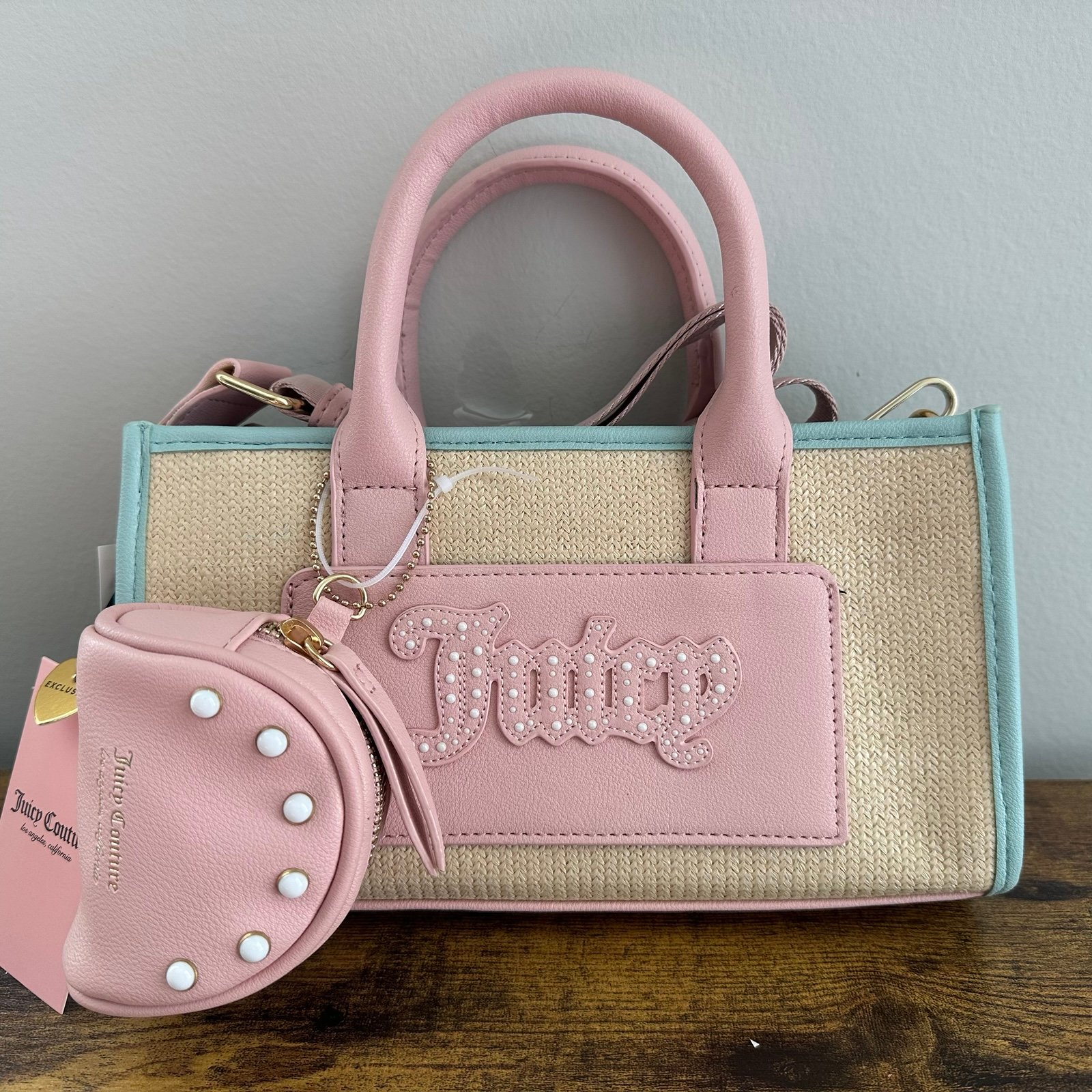 NWT Juicy Couture Soft Serve Mini Tote Pink Diamond Natural Blue Crossbody Bag