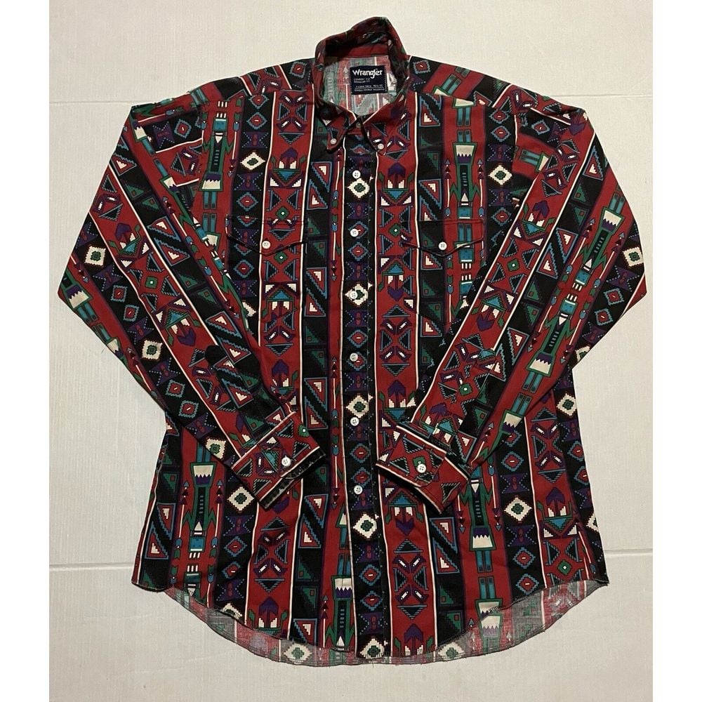 Vintage Wrangler Shirt 16.5 35 X Long Tails Brushpopper Southwestern Button Down