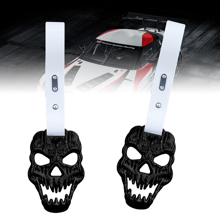 NEW 2PCS SKULL HEAD BLACK JDM TSURIKAWA RING White Handle Strap Drift Charm
