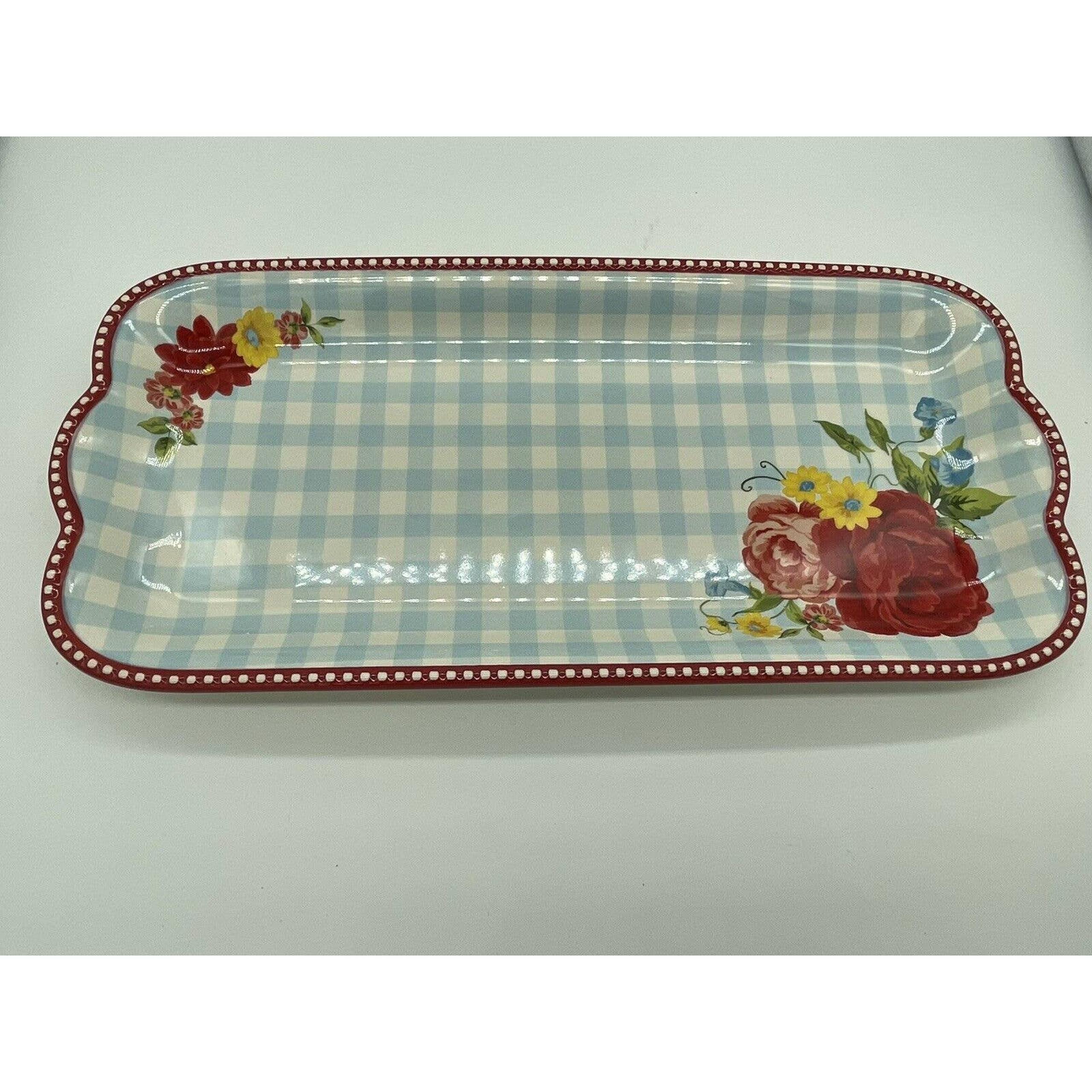 New Pioneer Woman Sweet Rose Checkered Red Trim Narrow Platter Serving Tray 14x6