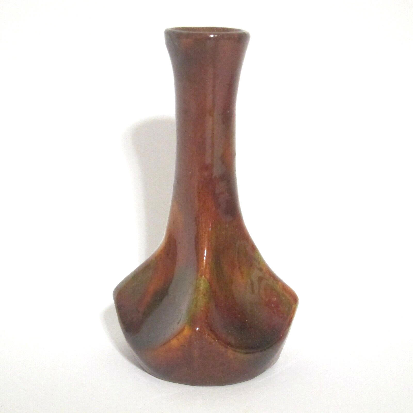 Antique Pottery Vase 5.5 Mottled Brown Glaze Angle Base Green Rockingham Ohio
