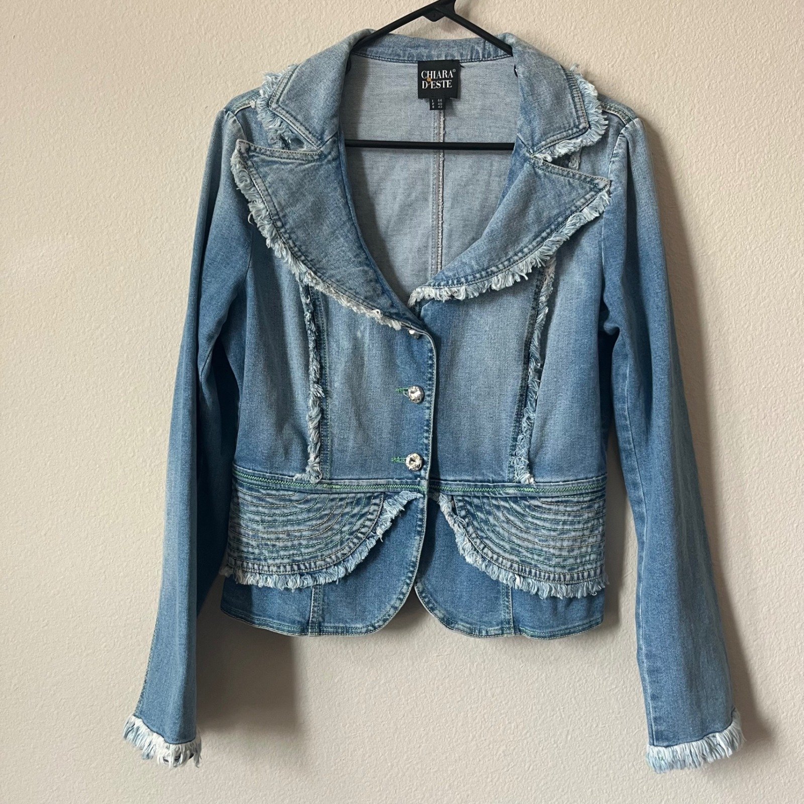 Chiara D'Este Denim Jacket Frayed Trim Rhinestones Designer Jean Size 44 Italy