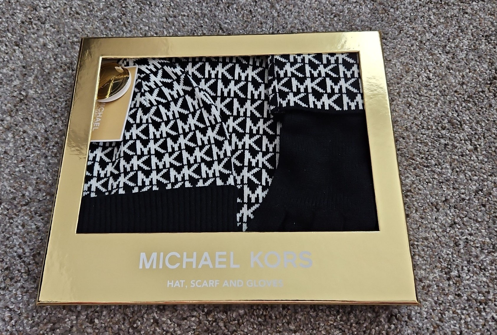 Michael Kors Hat, Scarf and Gloves Set Sinature MK Design Black and White