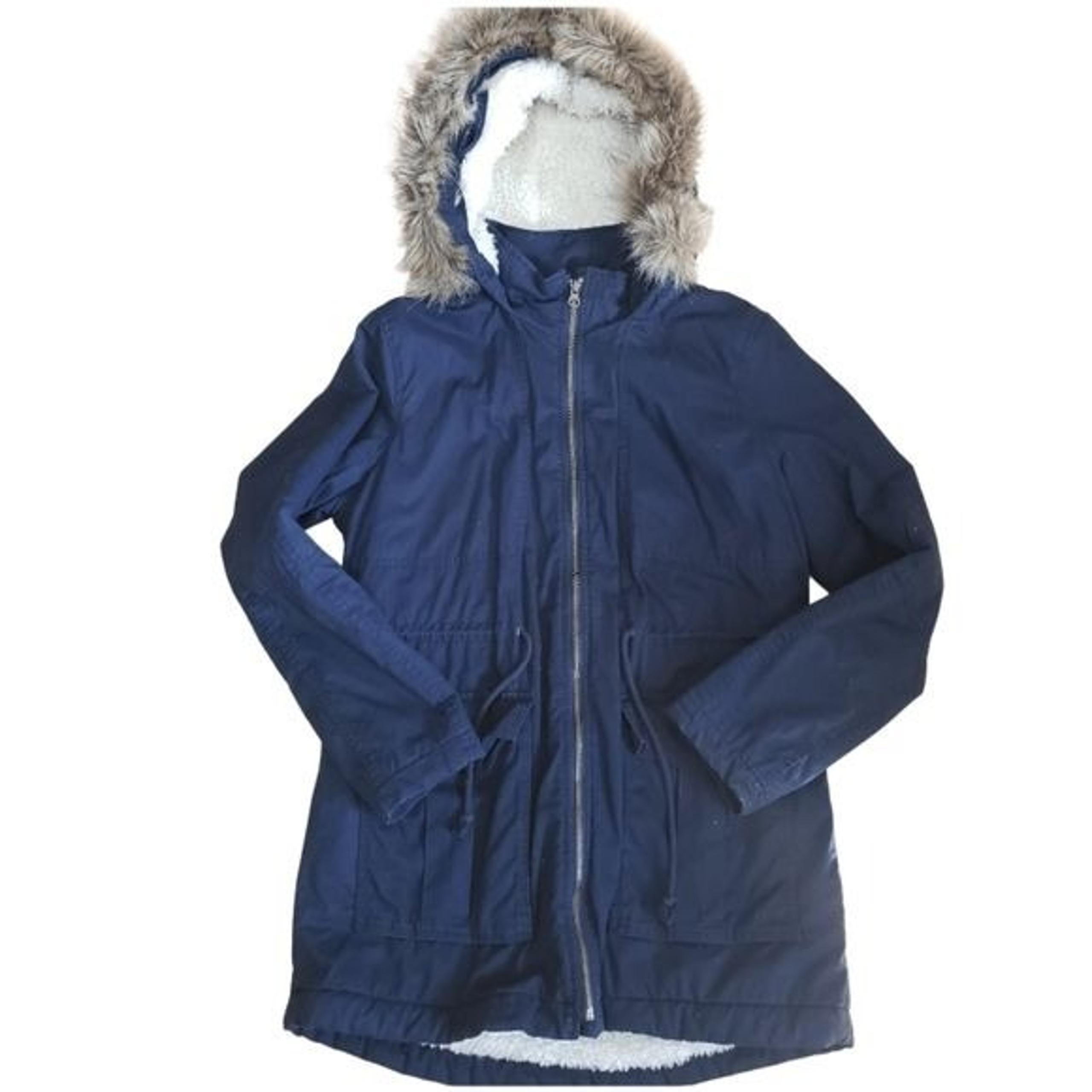 Gap Sherpa Hooded Parka Fur Navy M Cinch Waist Utility Pockets