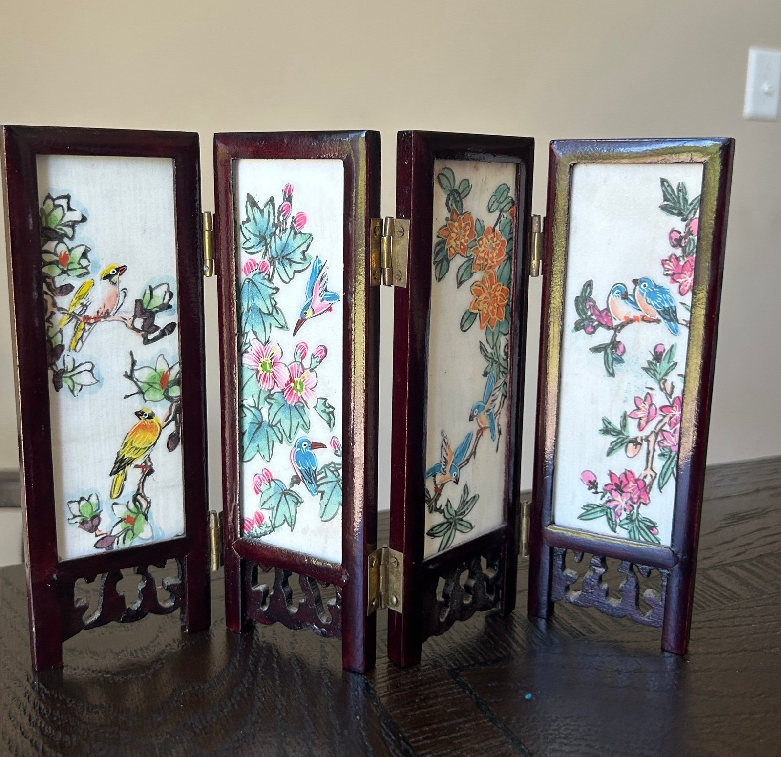 Vintage Chinese Ceramic Tile And Wood 2 Sided Folding Screen Birds & Geishas