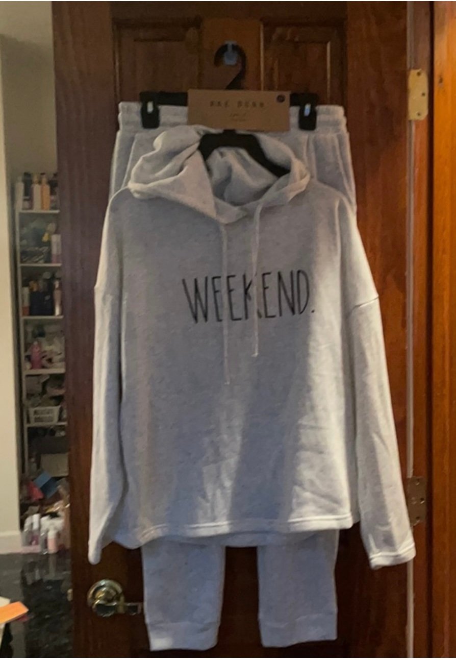 Rae Dunn 2 Piece Hoodie and Jogger Set. Says WEEKEND on the front NWT