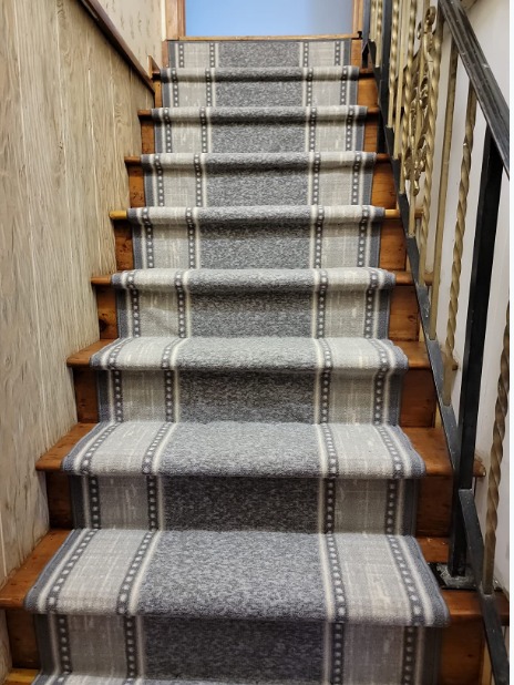 Custom Size Grey Ivory Bordered Rubber Backed Non-Slip Hallway Stair Run